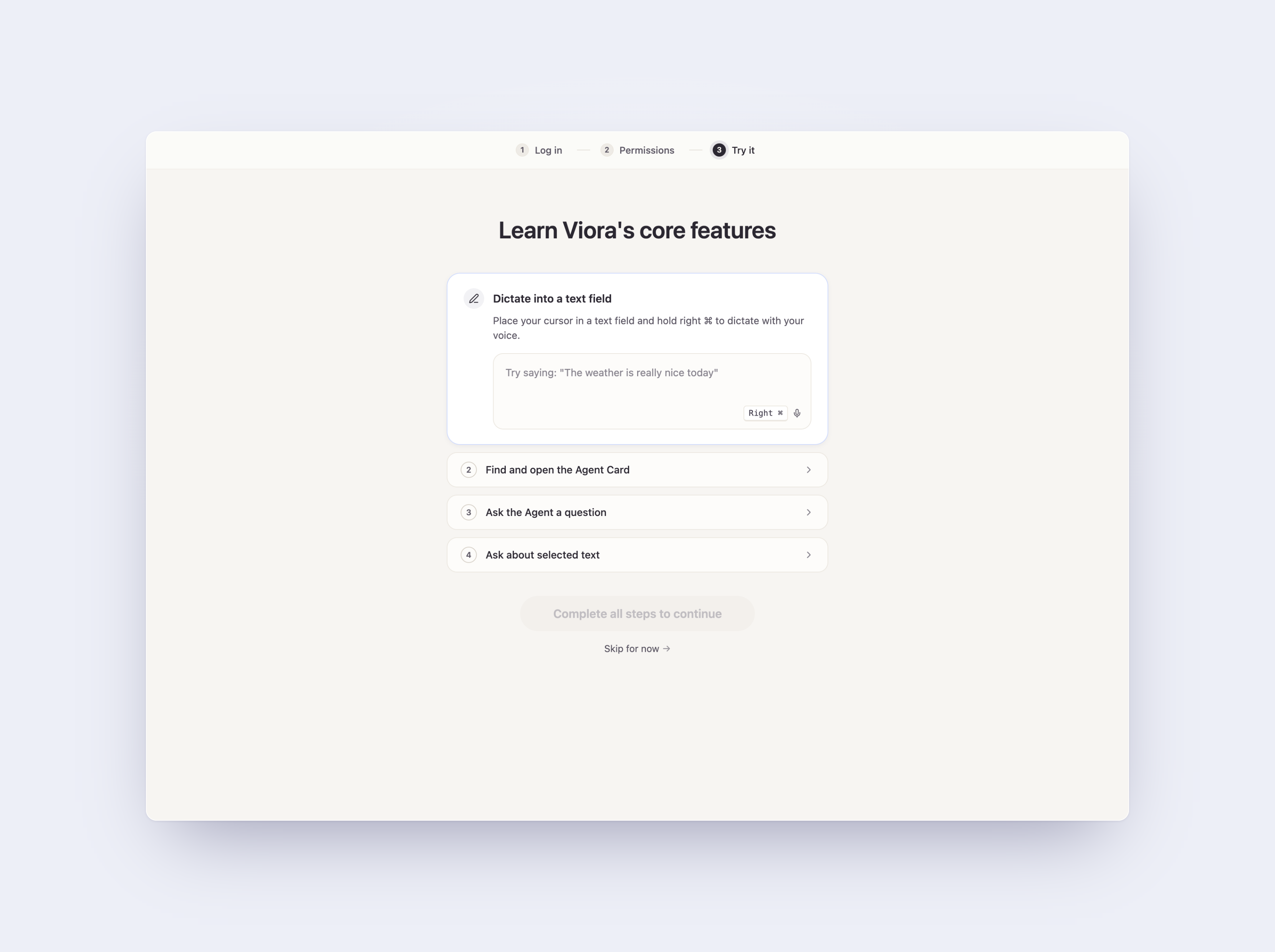 Viora onboarding tutorial showing the dictation shortcut and practice input