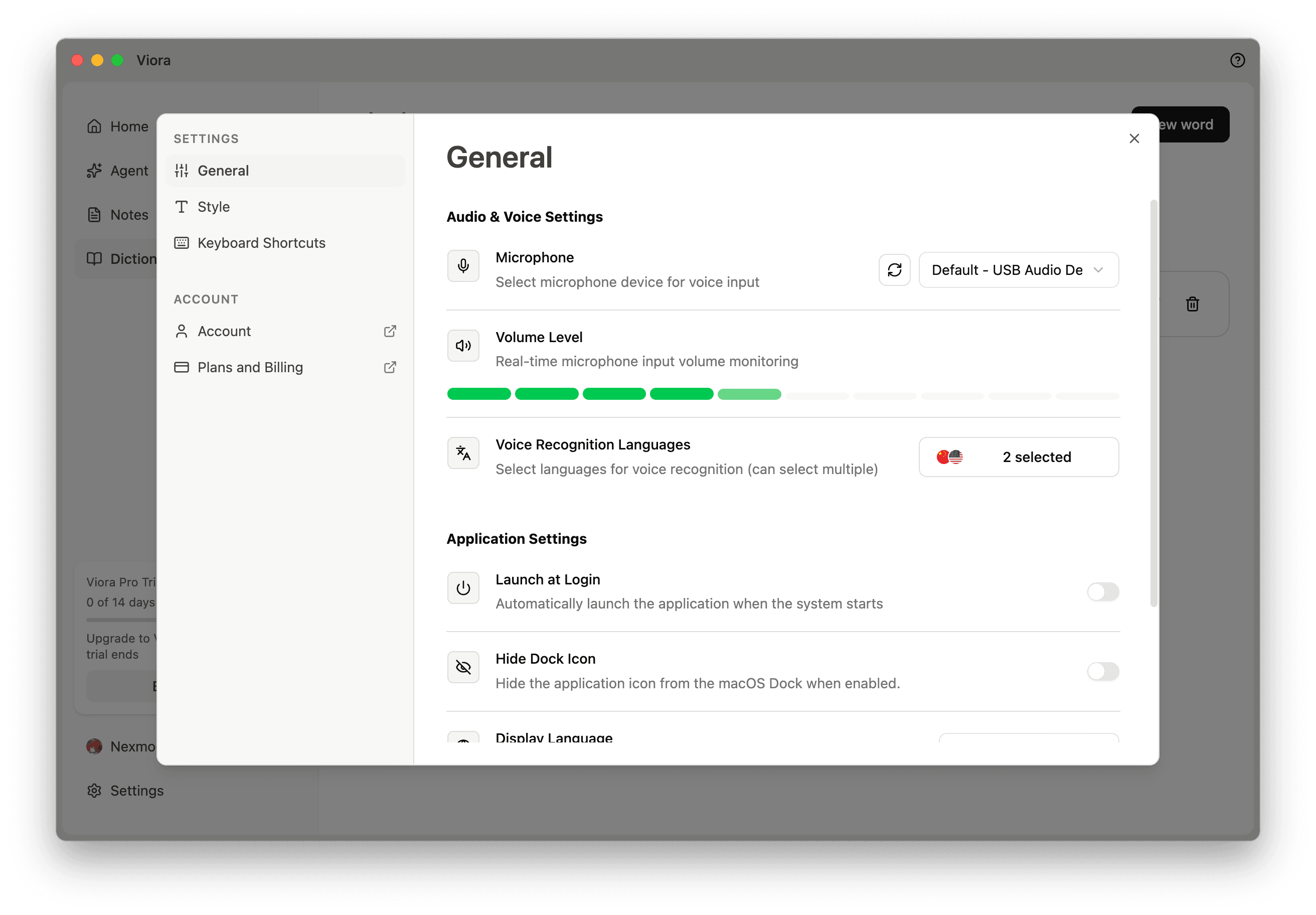 Viora settings — microphone, voice recognition languages, and shortcuts
